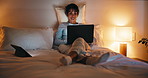 Night, remote work and woman with laptop in bedroom, creative and plan for ebook chapter with tablet. Happy, writer and mature person with tech for story development, home and novel deadline on web