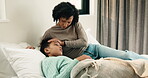 Sick, worry and mother with daughter in bedroom for fever monitor, healthcare and disease check. Medical, illness and virus infection with woman and child in bed in family home for recovery and trust