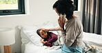 Virus, phone call and mother with daughter in bedroom for telehealth, healthcare and disease. Medical advice, illness and schedule doctor appointment with woman and child in family home for recovery