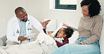 Doctor, high five and mother with daughter in bedroom for consulting, medical advice and virus. Treatment, healthcare and influenza with woman and child with pediatrician in home for disease and help