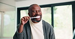 Dental, toothbrush or black man in house with face, cavity prevention or oral care in morning routine. POV, flare or mature person with mouth tool, bacteria reduction or hygiene habit at start of day