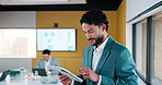 Tablet, office and business man reading data analytics for growth, revenue or results. Smile, research and professional analyst with stats, metrics or digital report for risk assessment or analysis