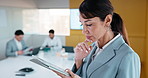 Businesswoman, thinking and typing in office with tablet, remember idea and planning for audit report. Coworking, mature person and problem solving with tech, risk management or vision for accounting