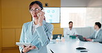 Phone call, tablet and thinking with business woman financial boardroom for feedback or update. App, communication and idea with mature employee in finance office for review of portfolio statistics