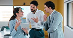 Boardroom, tablet and talking with finance people in office for review of charts or statistics. App, data and meeting with financial team in workplace together for investment or wealth management