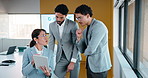 Boardroom, tablet and talking with people in financial office for review of charts or statistics. App, data and meeting with finance team in workplace together for investment or wealth management