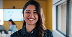 Business, face or woman in office with laugh, confidence or ambition in budget analysis. Meeting, smile or finance analyst in agency with portrait, about us or opportunity in revenue management.
