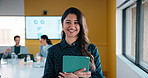 Meeting, face or woman in office with tablet, confidence or ambition in budget analysis. Smile, portrait or finance analyst in boardroom with tech, about us or opportunity in revenue management.
