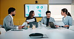 People, talk and meeting in office with documents, marketing analytics and forecasting for campaign. Team, strategy or discussion in business with paperwork, graphs or stats for advertising insights.