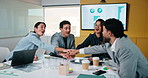Happy, team and business people with hands together in meeting for achievement or winning in office. Group, employees or piling with smile, applause or stack for mission, progress or performance