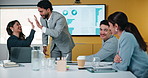 Meeting, success and people with high five for data analysis, achievement and financial report. Target, document and accountant team with clapping in office for review, revenue and manager feedback