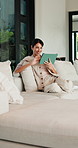 Relax, reading and woman with tablet on couch, weekend break and movie subscription for entertainment. Rest, scroll and mature person with tech for streaming platform, smile and ebook app in home