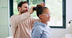 Smile, help and hair care with father and daughter in bathroom for growth, support and curls. Hairstyle, love and morning routine with man and child in family home for bonding, grooming and happy