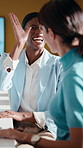 Laugh, team or business people with high five in meeting, interest rate cuts or investment success. Stock market boost, office or women with celebration for revenue generation, earning goal or happy