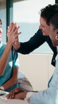 Reading, team or business people with high five in meeting, interest rate cuts or investment success. Stock market boost, laptop or employees with celebration for revenue generation, office or happy