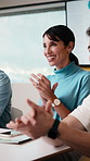 Applause, meeting and business people in office with presentation for creative project in collaboration. Happy, clapping and team of magazine editors with good news on publishing in workplace.