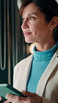 Business, thinking or woman in firm with tablet, forecast insight or approval of budget plan. Idea, happy or mature finance consultant with tech, growth solution or portfolio evaluation in agency.