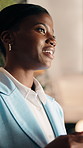 Thinking, smile or black woman in office with tablet, forecast insight or approval of budget plan. Happy, reflection or finance advisor with tech, growth solution or positive feedback on investment.