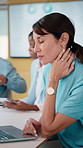 Frustrated, woman or neck pain with laptop in meeting for overworked strain or stress in conference. Female person, employee or pressure on computer for bad posture, discomfort or muscle tension