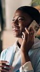 Phone call, smile and black woman in office for communication, contact or finance negotiation. Happy, cellphone and African financial manager on mobile discussion for investment proposal in workplace