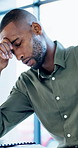 Office, document and black man with stress, reading and bad news on paperwork or real estate fail. Property investor, anxiety and headache with rejected loan application, strain or overworked crisis