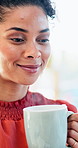 Thinking, morning and businesswoman in office with coffee for peaceful, calm or aroma with memory. Happy, reflection and employee drinking warm beverage for scent in workplace for job opportunity.