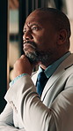 Manager, business and black man in office for thinking, investment decision and finance strategy. Corporate, mature and person with ideas, problem solving and solution for financial opportunity