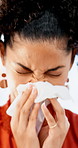 Woman, sneeze or blowing nose with tissue in office for illness, disease or virus. Sick person, bacteria or mucus for hayfever, infection or sinus for allergy season or influenza in workspace