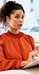 Business, documents and talking with woman in meeting at office for feedback or project management. Conversation, paperwork and report with employee person in workplace for development or review