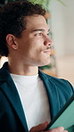 Tablet, business man and thinking with smile for online news, startup or company results. Entrepreneur, digital tech and professional person with solution, planning or review of career growth