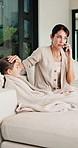 Phone call, mom or girl in home with fever, telehealth or flu symptoms in thermometer check. Sick, child or family with forehead touch, online consultation or illness assessment with temperature.