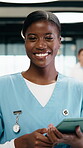 Nurse, face and black woman with tablet for healthcare, about us and residency in hospital. Smile, portrait and medical professional with digital tech for telehealth service or clinic schedule