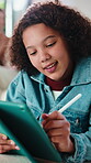 Child, smile and elearning with tablet in home, growth and skill development with assignment on web. Online education, kid and girl with tech for knowledge, research and digital activity in house