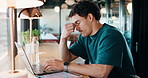 Eye strain, glasses and man in office with laptop, headache or vision discomfort with brain fog. Screen fatigue, eyewear and person in agency with tech, migraine pressure or sore head with dizziness
