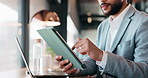 Scroll, hands or businessman with tablet in cafe, remote work or review for expenses evaluation. Coffee shop, laptop or financial planner with wealth assessment for savings growth, freelancer or tech