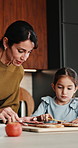 Learning, mother and child with sandwich in kitchen for development, independence and nutrition. Teaching, mom and girl kid with jam meal in home for lunch, preparation instructions or healthy growth