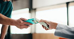 Machine, phone and hands of cashier with customer for payment, pos or loyalty points on electronic card. Cellphone, fintech and worker with person for credit transaction, app or contactless purchase.