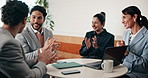 Celebration, meeting and people in cafe with laptop for business success, sales or revenue growth. Group, investor and clapping for online results, target or goal with b2b achievement in coffee shop