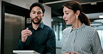Tablet, walking and business people in office with discussion for AI platform with finance analysis. Meeting, technology and financial analysts with online blockchain for investment in workplace.