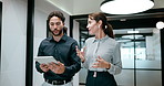 Tablet, walking and business people in office with meeting for finance report with budget planning. Discussion, technology and financial advisor with manager for feedback on investment proposal.