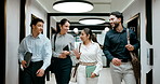 Walking, business people and office with chat for management, planning and consultation agency. Conversation, wave and manager with staff collaboration, project debrief or teamwork in workplace