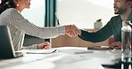 Agreement, handshake and talking with business people in boardroom for meeting or negotiation. Collaboration, conversation and employee team shaking hands in office for b2b deal or partnership