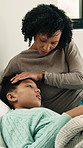 Mother, help and sick child in bedroom with comfort, conversation and exhausted from virus symptoms. Concerned woman, tired daughter and console in home with empathy, support and parent care for flu.