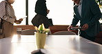 People, arrival and meeting with team in boardroom, corporate law and brainstorming with technology. Business lawyer, walk and colleagues with laptop for lawsuit preparation, happy and collaboration