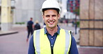 Smile, engineering and face of man in city for construction site, happiness and industrial job. Architecture, building and contractor person with outdoor project for urban planning and maintenance