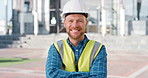 Man, face or architect with helmet in city for construction, security or building safety. Portrait, male person or contractor with arms crossed, confidence or hard hat for civil engineering in town