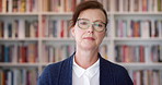 Business, glasses and face of woman in library with knowledge, vision or education for university growth. Professional, confident and professor with eye care for scholarship, research and books
