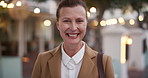 Smile, professional and face of businesswoman in city with confidence for legal career growth. Happy, commute and portrait of mature attorney with pride for law job opportunity in town in Canada.