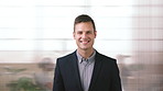 Face, business and happy man in company, about us and coverage advisor with career growth. Portrait, smile and confident person in office, corporate professional or insurance consultant with pride