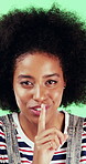 Black woman, hush and sign with face in studio for photoshoot with flash, fashion or finger on lips. African person, hand gesture and mouth for symbol, secret and deal with trendy style in Nigeria